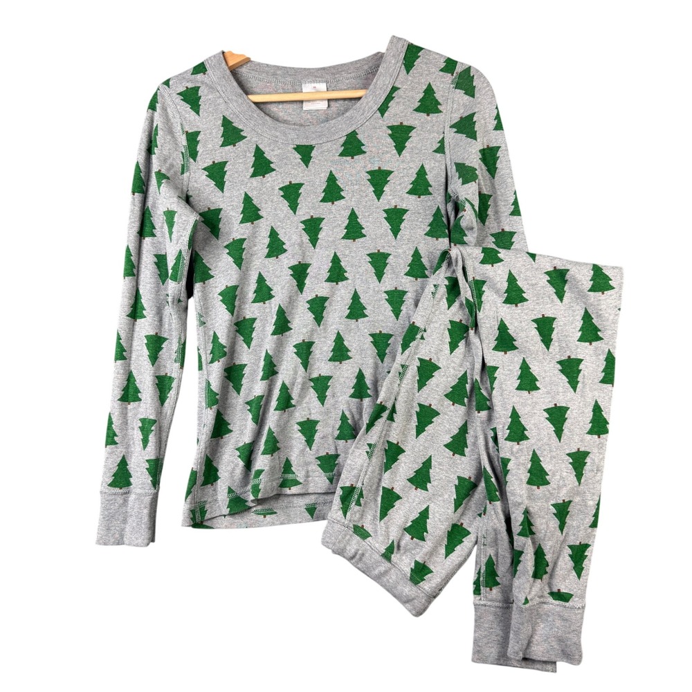 Hanna Andersson Women XS Organic Cotton Christmas Tree Long John Pajama Set Gray